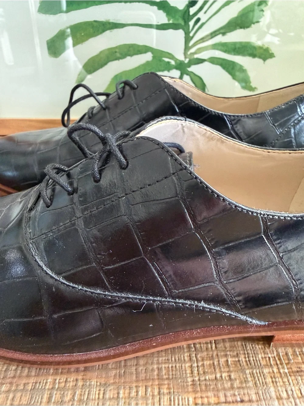 COLE HAAN Black Croc-Embossed Leather Dress Oxfords for Women